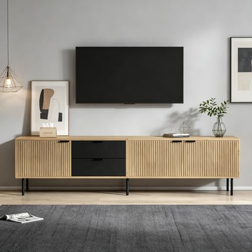 Merax 208cm TV Stand for TVs up to 85 Inch, Modern Chipboard TV Unit with 2 Drawers & 3 Storage Cabinets, Lowboard Media Console with Cable Management for Living Room