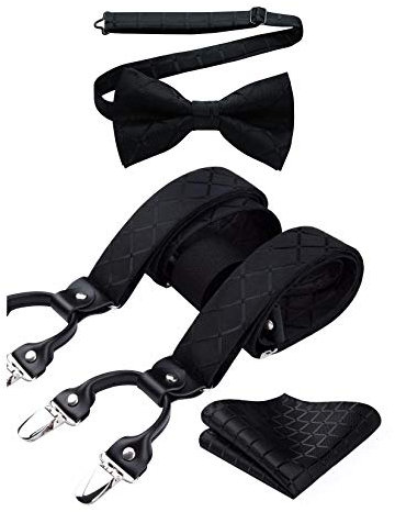 HISDERN Schwarz Hosenträger und Fliege Set für Herren Einstecktuch Y Style hosenträger Plaid mit 6 Starken Clips Einstellbar für Anzug