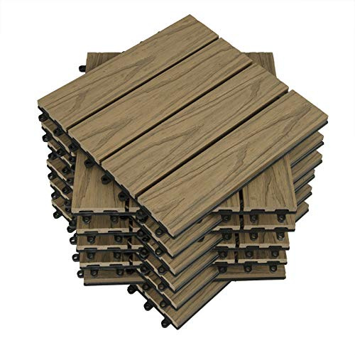 WOLTU 11 x Premium WPC Terrassenfliesen 30x30cm 3D Holz Optik mit Relief, Balkonfliesen Garten Fliesen Bodenbelag Hellbraun (1 m²)