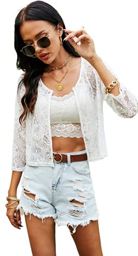 Ietaoo Boléro Femme Dentelle Cardigan Court avec Bouton Manches 3/4 Elégant Veste Boléro Gilet pour Été Printemps Automne Blanc XXL