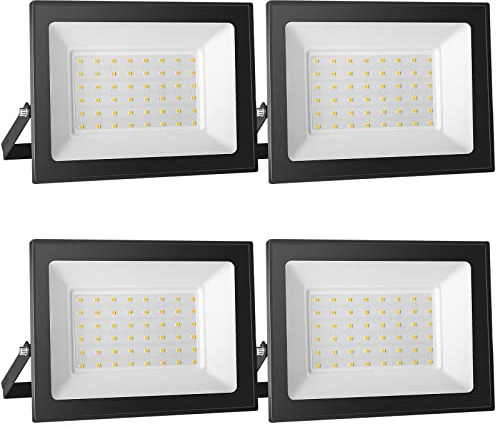 4er 50W LED Strahler Außen, 5000LM Superhell LED Scheiwerfer Fluter Flutlicht, 6000K Kaltweiß Industriestrahler, IP66 wasserdicht Sicherheitslampe, LED Außenstrahler für Garten Sportplatz Garage
