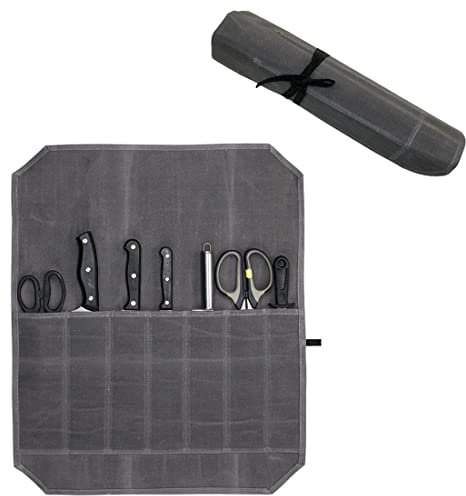 Waxed Canvas Cutlery Cover, Chef Knife Roll Pouch, Kitchen Cooking Tool Knife Holder Organizer, Foldable Multipurpose Travel Tool BBQ Tool Roll Pouch with 7 Slots, Grey, Waterproof