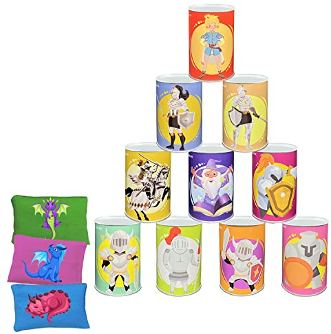 Ulifeme Kinder Dosenwerfen, Dosen Werfen Spiel für Kindergeburtsta & Parties, Dosenwurfspiel mit 10pcs Prinz-Muster Dosen & 3pcs Wurfsäckchen Set für Gartenspiele, Geschenk für Kinder & Erwachsene