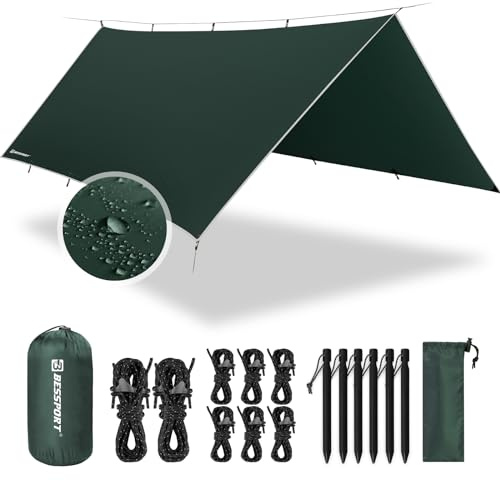 Bessport tältpresenning vattentät, 3 m x 4 m PU 3 000 mm presenning för hängmatta, med öljetter och 6 aluminiumpennor och 8 nylonlinor, anti-UV lämplig för camping, picknick, hängmatta