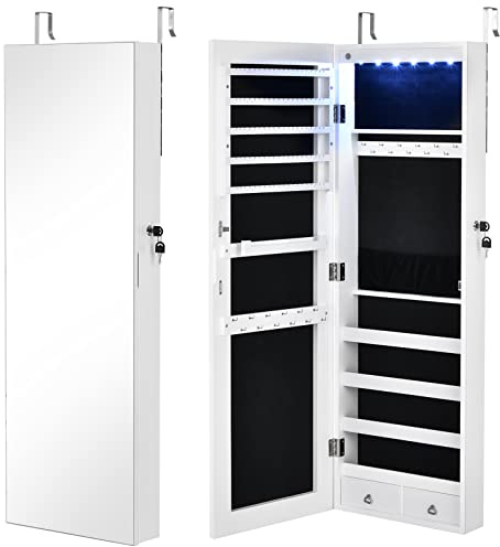 GOPLUS LED Spiegelschrank, Abschließbarer Hängeschrank mit Schlüssel, Schmuckschrank mit 5 Reihen Regale, Aufhängestange, 24 Haken, 2 Schubladen, Wand-/Türmontage, für Schmuck Kosmetikum (Weiß)