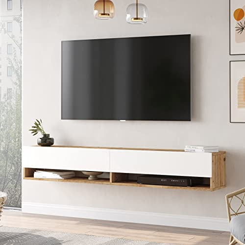 [en.casa] Meuble TV à 2 Portes Meuble de Rangement Design pour Salon avec 2 Espaces de Stockage Panneau de Particules Mélaminé 30 x 180 x 32 cm Effet Chêne Rustique Blanc
