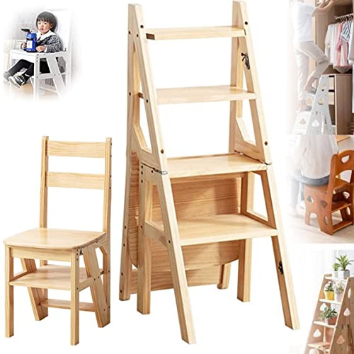 4 escabeau escabeau en bois, étagère pliante bibliothèque escabeau échelle étagère multifonction escabeau escalier chaise pour intérieur cuisine et bureau,WoodColor