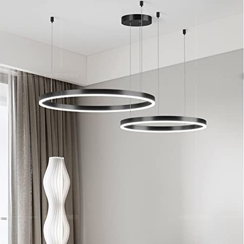 Bellastein Modern Ring Hängelampe Höhenverstellbar Kronleuchter Dimmbar mit Fernbedienung Deckenleuchte Esstisch Pendellampe (Schwarz, 2-Ringe：D40+60cm)