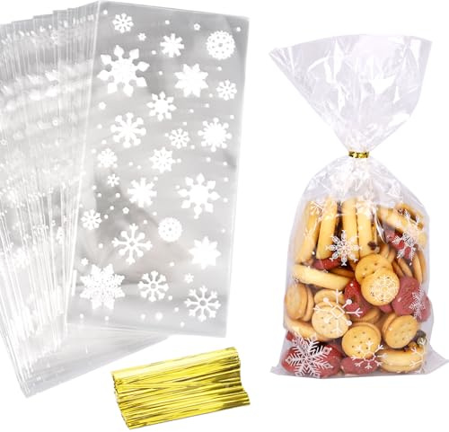 TAKUZA 100 Stück Cellophantüten, Cellophantüten mit Twist Ties, Plastiktüten, Zellophantüten Tütchen, Bonbons Tüten, Weihnachten Plastiktüten für Süßigkeiten Kekse Schokolade Kuchen