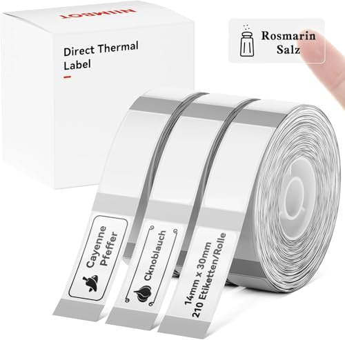 NIIMBOT Thermo Etiketten Selbstklebend, 14x 30mm Etikettendrucker Thermopapier Kompatibel mit dem D110 D11 D101 Etikettendrucker, 210 Etiketten/Rolle (3-Rollen-Pack, Transparent)