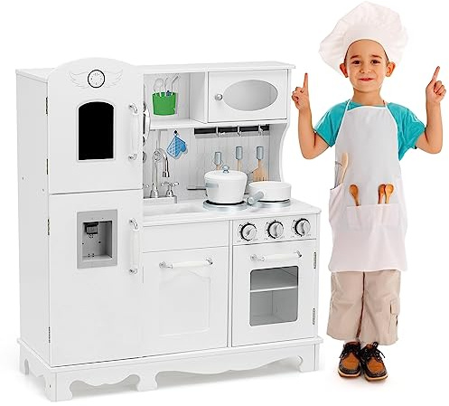 GOPLUS Lekkök med köksredskap och tillbehör, barnkök med tavla, vattendispenser, telefon, kran, spis och ugn, Pretend lekset med ljus- och ljudeffekt för barn från 3 år, vit
