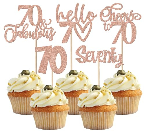 SYKYCTCY 30 Pack Happy 70th Birthday Cupcake Toppers Glitter Seventy Fabulous 70 Cheers to 70 Cupcake Picks Hello 70 Cupcake Decorations Anniversary Party Supplies Rose Gold