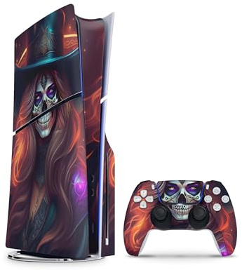 Skins4u Slim PS5 Skins Aufkleber für PlayStation 5 Konsole und Controller Skin Vinyl Skin Sticker PS5 Slim Disc Design Schutz Folie Skull Lady