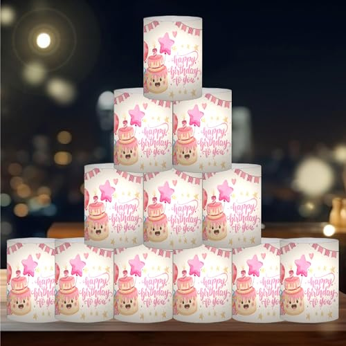 12 Windlicht-Tischdekoration für Mädchen-Geburtstags-Party in Rosa, geeignet für Teelichter oder Kerzen (Happy Birthday Pink)