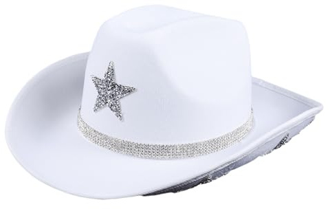 Versatile Western Style Cowboy Hat,White Cowgirl Hat Glitter Star Cowboy Hat Wide Brim Cowgirl Hat for Festivals Fancy Dress Cosplay Music Concerts