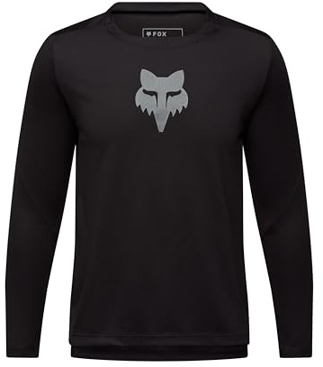 Fox Racing YTH Ranger Ls Jersey Fox Head - Youth Long Sleeve MTB Jersey, Recycled Materials, Sweat-Wicking Mesh, Drop Tail for Coverage, Black, Size: YXL