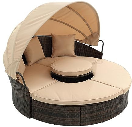 MOLVUS Runde Rattan-Lounge mit Bali-Bali-Bali-Betthimmel, für den Außenbereich, Rattan-Schlafsofa mit Aufzug, Couchtisch