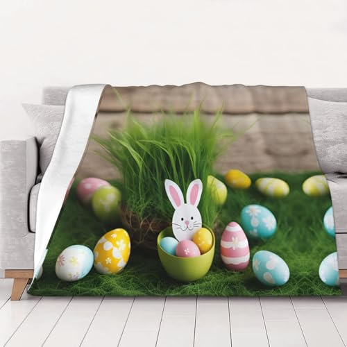 Lightweight Comfort Soft Easter Egg Bunny Grass Wooden Blanket for Camping Cosy Flannel Bed Blanket for Living Room or Car