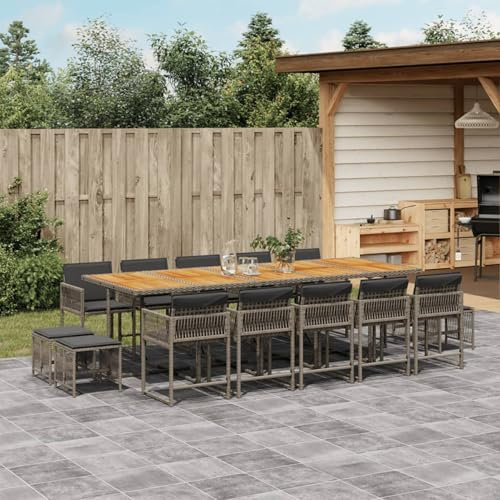 Homgoday 15-TLG. Garten-Essgruppe mit Kissen Gartenmöbel Set Balkonmöbel Sitzgruppe Stühle mit Tisch, Terrassenmöbel Gartenstuhl Gartentisch, Gartengarnitur Poly Rattan Grau