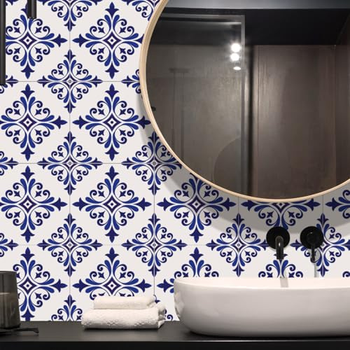 Alwayspon Pavimenti in vinile, motivo floreale blu cinese, autoadesivo, per bagno, cucina, paraspruzzi, adesivi per piastrelle in vinile, 12 pezzi x 20 cm