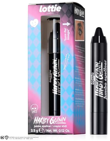 Lottie London x Harley Quinn Jumbo Kohl Eyeliner, Buttery Black kohl jumbo eyeliner pencil with a rich pigment and color pay off for an effortless smokey eye look