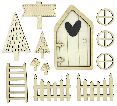 Oblique Unique Wichteltür Set aus Holz - Wichteltüren Komplettset mit Zubehör - Wichtel Set mit Zaun, Fenstern, Bäumen, Leiter & Schild – DIY Wichtel Zubehör Deko für Weihnachten & Adventszeit
