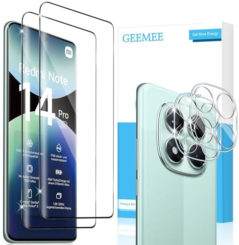 GEEMEE für Panzerglas für Xiaomi Redmi Note 14 Pro 5G/Poco X7 5G, 2+2 Stück Schutzfolie mit KameraSchutz, 9H Filmhärte Gehärtetem Schutzglas Alle Abdeckung Hohe Empfindlichkeit Displayschutzfolie