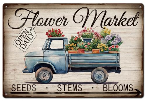 SUPERDANT Flower Market Metal Signs Truck Flowers Tin Signs Garden Wall Plaques Iron Poster Art for Flower Shop Market Home Garden Indoor Outdoor Vintage Decor Housearming Gifts