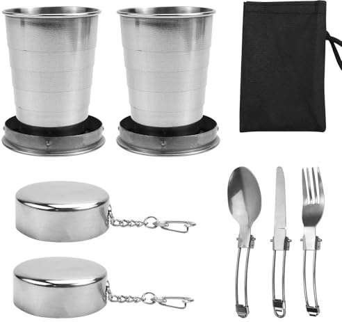 Faltbecher, 2 Stück Edelstahl Faltbarer Becher, 75ml Metallbecher Outdoor, Faltbare Tasse, Klappbecher, Camping Becher Faltbar Trinkbecher Wasserbecher mit Faltbares Geschirr