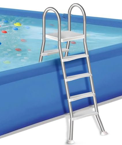 Échelle de piscine hors sol robuste, construction épaisse en acier inoxydable 304, design à 4 marches pour piscines extérieures, supporte jusqu'à 250 kg