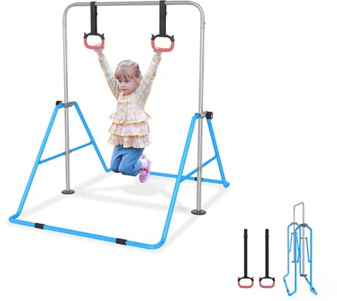 UISEBRT Verstellbare Gymnastikstange für Kinder, Faltbare Turnreck Reckstange, Höhenverstellbar 91-133 cm, Maximale Belastung 140 lbs, Indoor Gymnastikbar für Kinder, Ideal für 3-8 Jahre – Blau