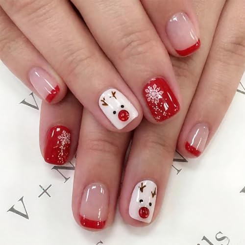 NICENEEDED 24 PCS Presse de Noël sur Les Ongles Faux Ongles Courts et Carrés avec Motifs de Flocons de Neige Faux Ongles de Noël d'hiver pour Femme