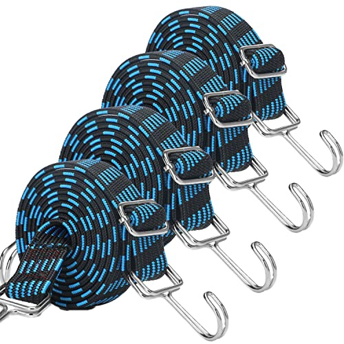 JETAINE Bungee Cords with Hooks, 4PACK Adjustable Bungee Strapes, 200cm Heavy Duty Elastic Rope Long Flat Cord for Bike Luggage Rack Tarp Camping Tent Car Roof Rack Fixings