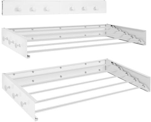 PLODAXE Väggtorktumlare torkställning vägg, 100 cm, vikbar väggtork, väggmontering, platsbesparande torkställning utdragbart med 6 krokar, för inomhus- och utomhusbruk, balkong (vit med krok)