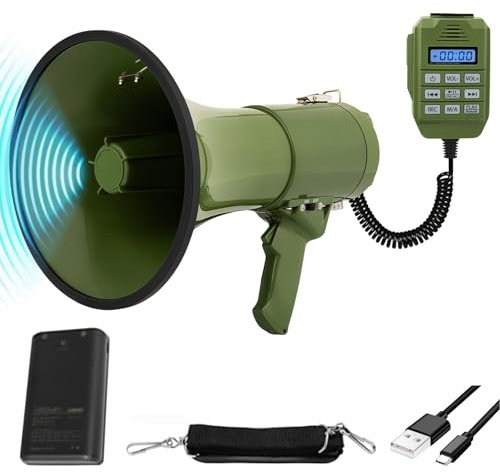 Megaphone 100 W, portata massima 2000 m, megafono con sirena e microfono, registrazione 700 S e funzioni Bluetooth, tromba con tracolla regolabile per interni ed esterni (verde)