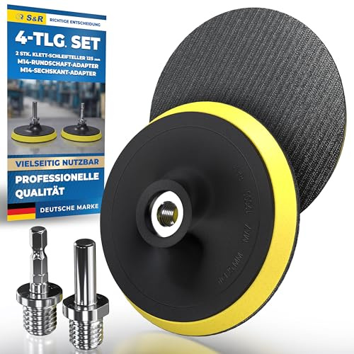 S&R Slipskiva med kardborreband, set 4-delar 125 mm, 2 x kardborrestödplattor 125 mm M14, 1 x sexkantsskaft & 1 x rundskaftadapter, för vinkelslip, borrmaskin, sladdlös skruvdragare, för