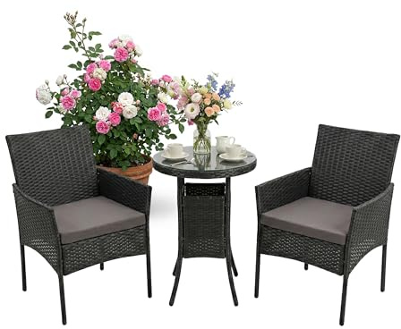 Relaxdays trädgårdsmöbelset för 2, 3-delad utomhusfåtölj och glasbord, svart, 80 x 55 x 59 cm