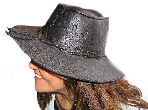 Alpacaandmore Handgearbeiteter verzierter Damen Lederhut Rindleder Dunkelbraun (S)