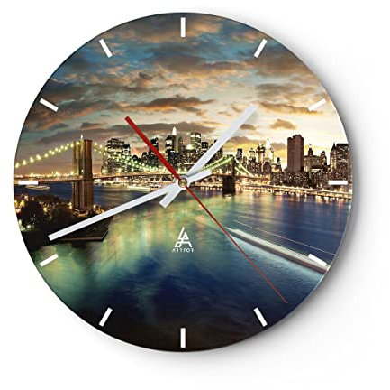 Modern Wanduhr Amerika Architektur New York 40x40cm Rund Groß Wand Uhr Glas Analog Zimmeruhren Küche Büro Wohnzimmer Glasuhr Wall Clock Dekoration Design Wanddekoration Küchenuhr C3AR40x40-0226
