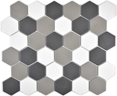 Mosaik Fliese Keramik Hexagon weiß grau schwarz unglasiert für BODEN WAND BAD WC DUSCHE KÜCHE, Mattengröße: 325x281 = 0,09 qm, Steingröße: 51x59x5 mm - 1 Matte
