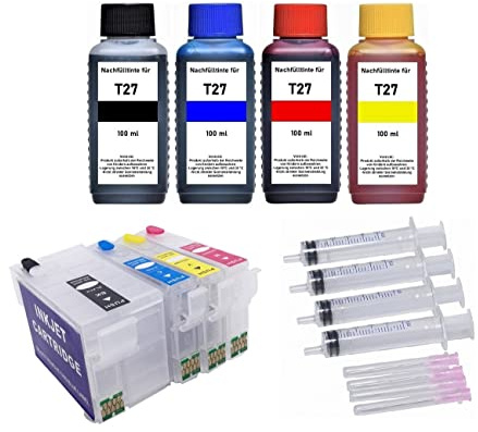Inkpro 4 wiederbefüllbare Tintenpatronen mit Auto-Reset-Chips T27XL Black, Cyan, Magenta, Yellow + 400 ml Nachfülltinte für Workforce WF-3620, 3640, 7110, 7210, 7610, 7615, 7620, 7710, 7715, 7720