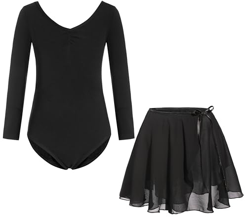 FONLAM Ballettkleid Ballettkleidung Mädchen Langarm Tanzkleid Turnanzug Balletttrikot Tanzbody Baumwolle Ballettrock Kinder (Schwarz, 12-14 Jahre)