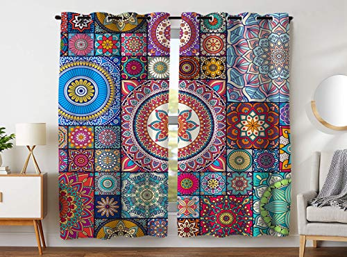 YISUMEI - Thermal Insulated Blackout Curtain Material Ring Top Curtain for Bedroom Livingroom - Stitching Mandala - 140 x 245 cm (WxD) 2 Panels
