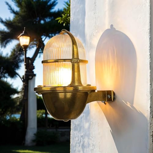 Maritime Balkon Lampe Wand, Messing Riffelglas, IP64, B:14 cm, klein, Schiffslaterne, Haustür, Hof, Garten, Terrasse, Premium, Außen Wandleuchte