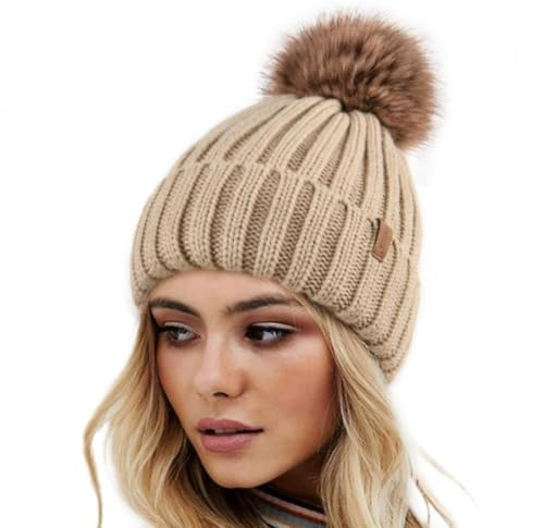 FURTALK Winter Hats for Women Double Layer Fleece Line Beanie Hat with Bobble Pom Pom Hats