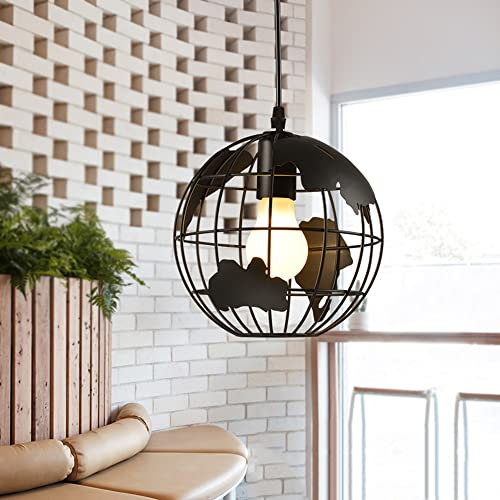 Mengjay Rétro Suspension au Éclairage plafond Métal Retro Suspensions Luminaires 60W E27 Lustre 1 Lumières Lustre à lampadaire Forme de la Terre Noir Salon Chambre Grenier Hôtel (Diamètre 20cm)