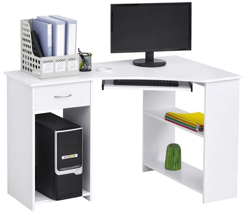 HOMCOM L-Shaped Corner Computer Desk Wide Worktop w/Keyboard Tray White