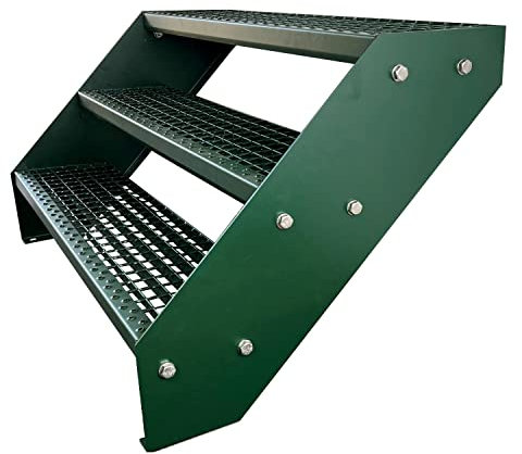 Premium Caillebotis acier Escalier à limon 3 Marches Entièrement galvanisé et Vert Revêtu par poudre - Dimensions (L x l x H) 63cm x 60cm x 57cm
