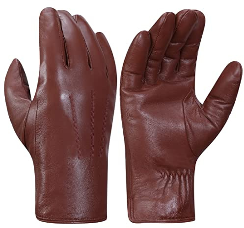 Harssidanzar Leather Mens Gloves,Winter Cold Weather Rabbit Fur Lined Soft Genuine Leather Gloves KM047,Cognac, Szie M