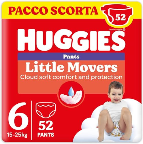 Huggies Little Movers Pannolini Mutandina Taglia 6 (15-25 Kg), Ultra assorbente, Protezione completa, 52 Pz